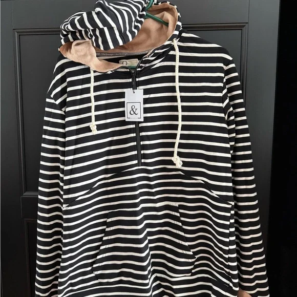 AMPERSAND AVE Black and White Striped Women's Hoodie with brown polka dot patch - Picture 1 of 3